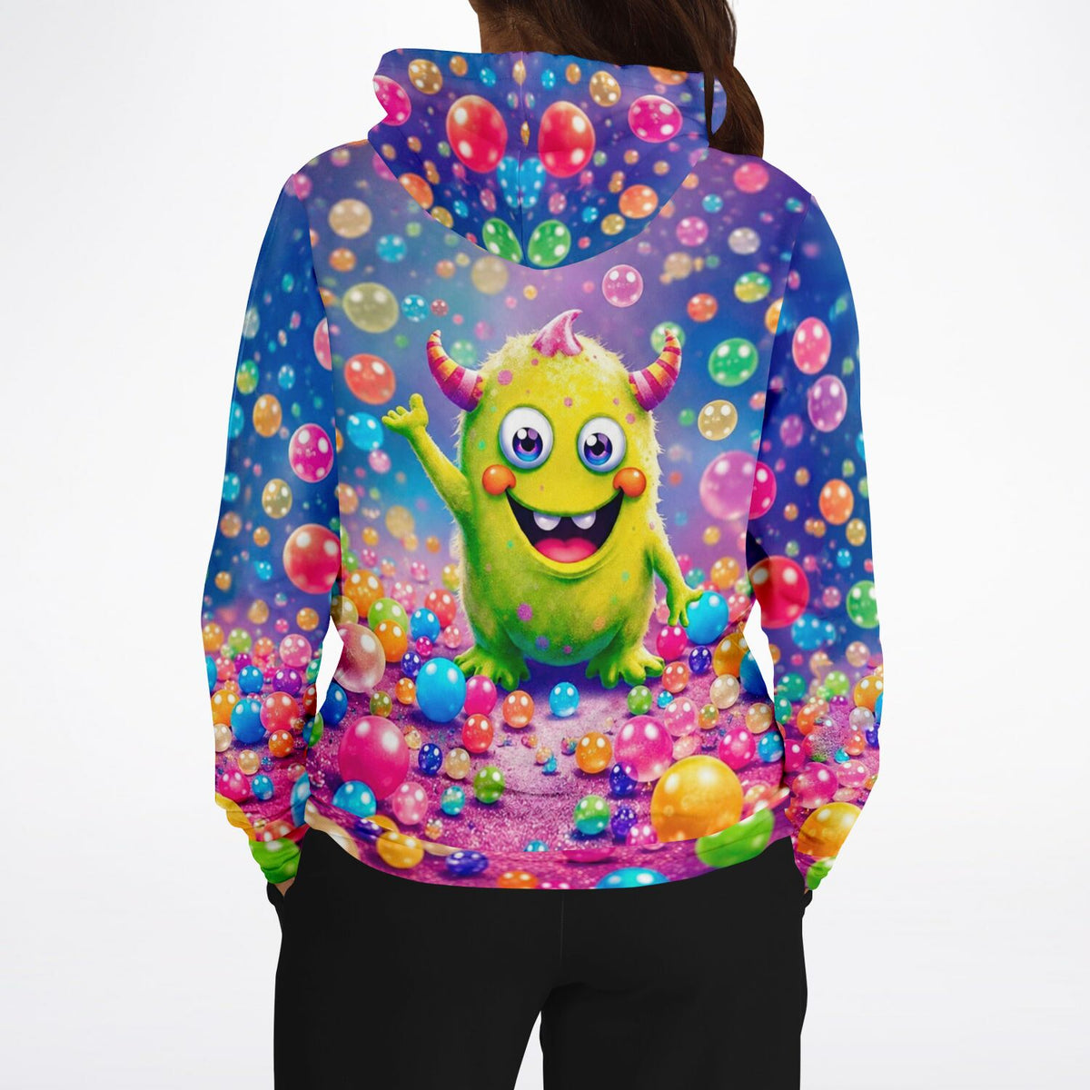 Dreamer Hoodie mit buntem Monster-Motiv und glänzenden Farbblasen im Diamond Painting Stil