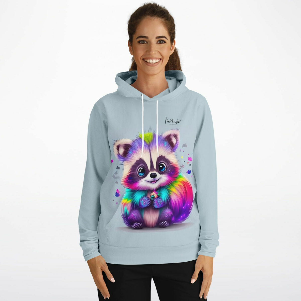 Hellblauer Dreamer Hoodie für Erwachsene mit buntem Waschbär Willibald Motiv im Diamond Painting Style