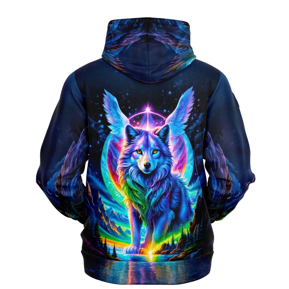Dreamer Hoodie Rückseite mit farbenfrohem geflügelten Wolf im Weltraum Design als AOP Druck für Kunst-Fans