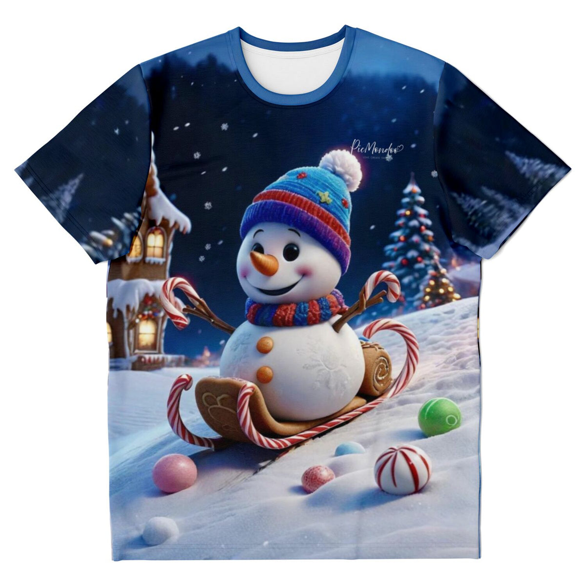 T-Shirt mit weihnachtlichem Schneemann-Motiv auf Süßigkeiten-Schlitten, passend zum Diamond Painting für Erwachsene