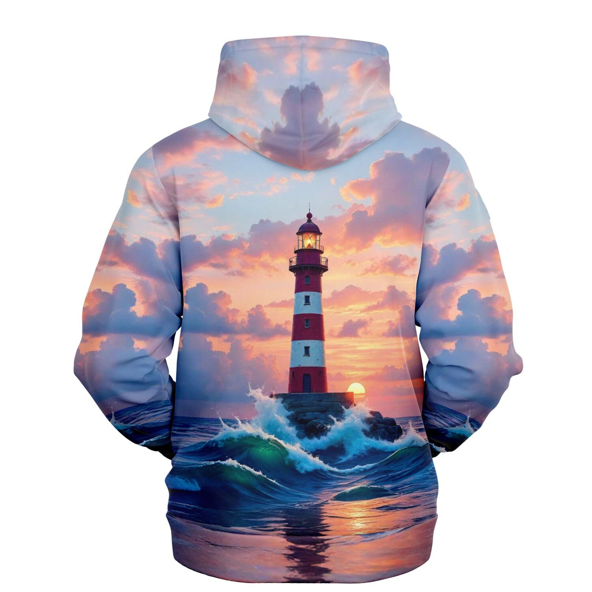 Dreamer Hoodie mit Leuchtturm-Motiv vor farbenfrohem Sonnenuntergang und stürmischer See, All-Over-Print Design