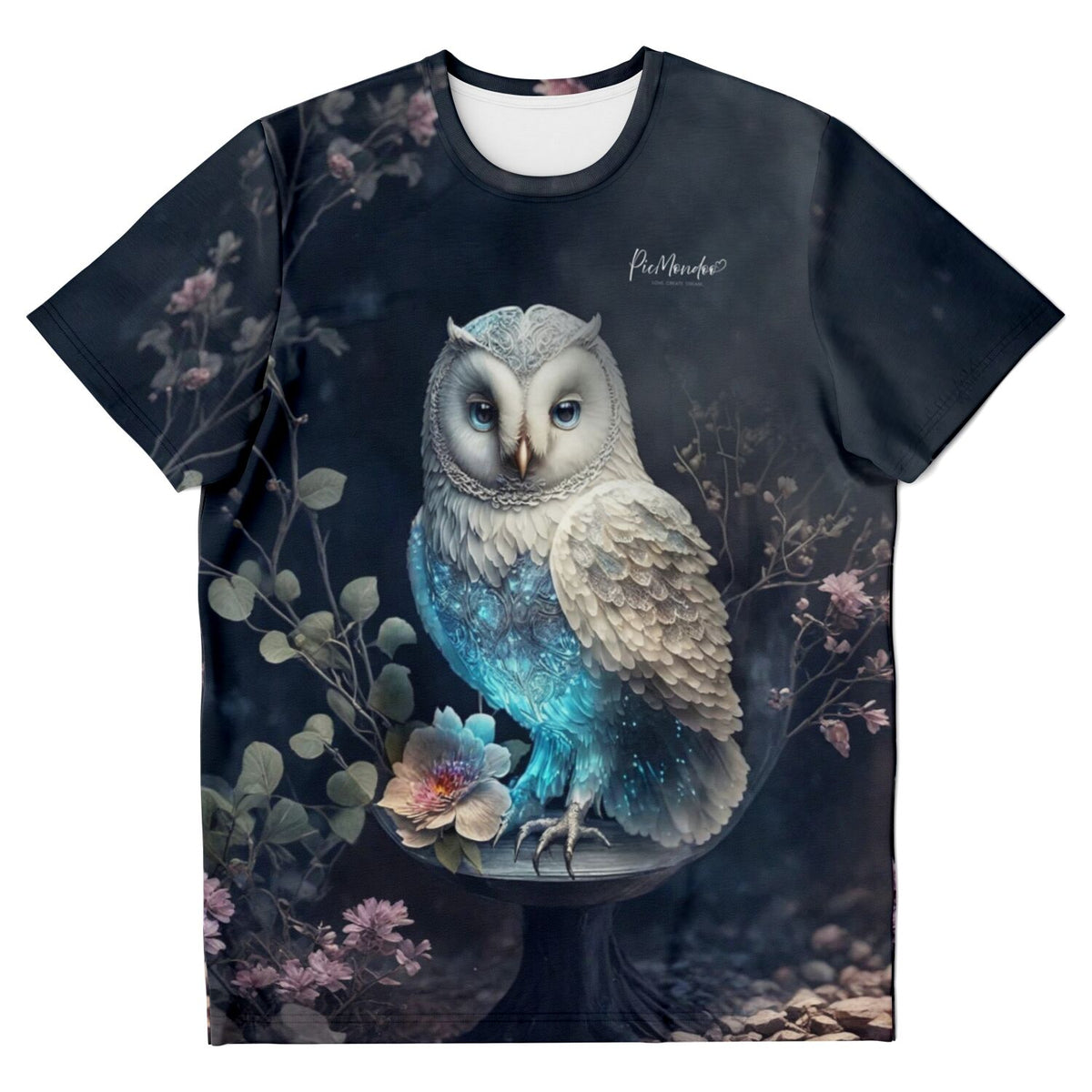 Schwarzes T-Shirt mit leuchtender weißer Eule, ideal für Diamond Painting und Malen nach Zahlen Fans.