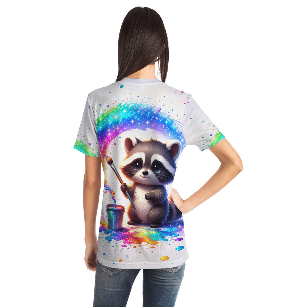 T-Shirt mit Waschbär-Motiv und Regenbogen-Farben, ideal für Fans von Malen nach Zahlen und Diamond Painting