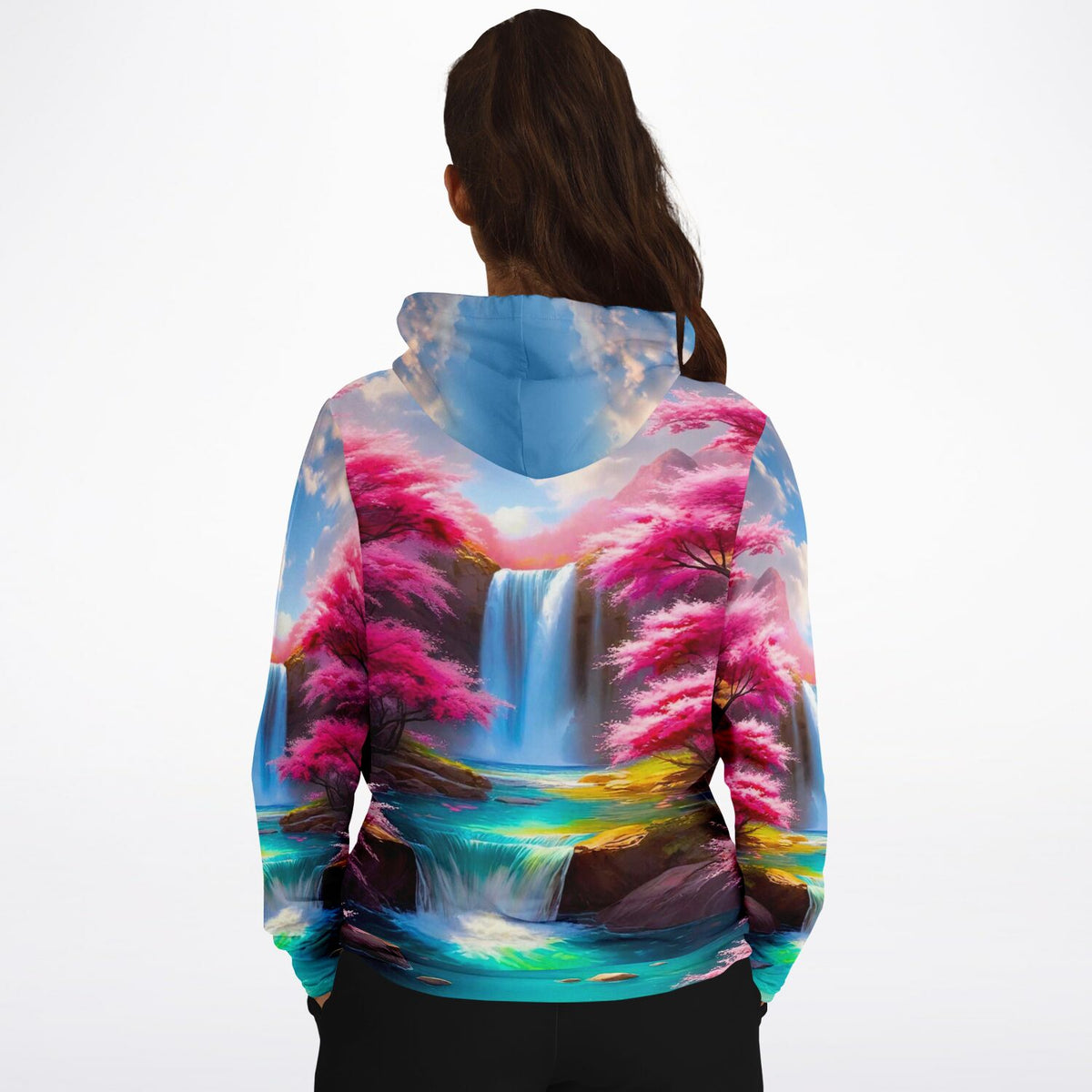 Dreamer Hoodie mit Kirschblüten- und Wasserfall-Motiv in leuchtenden Farben, ähnlich beliebter Malen nach Zahlen Designs.