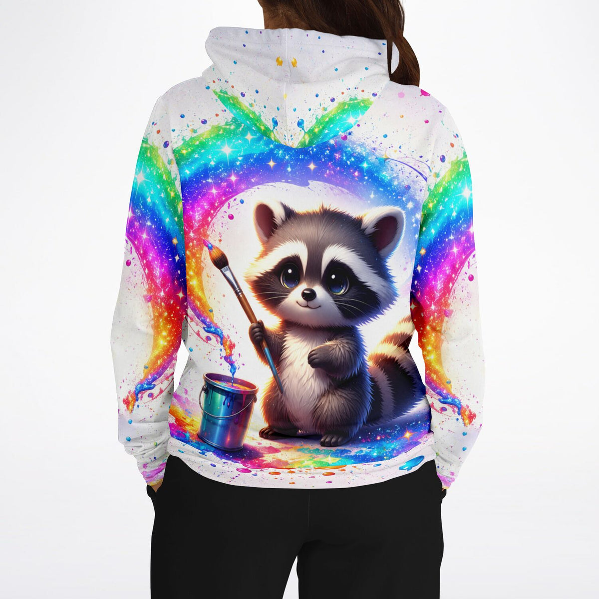 Weißer Kapuzenpullover mit süßem Waschbär, der einen Pinsel und Farbtopf in Regenbogenfarben hält, passend zum Malen nach Zahlen