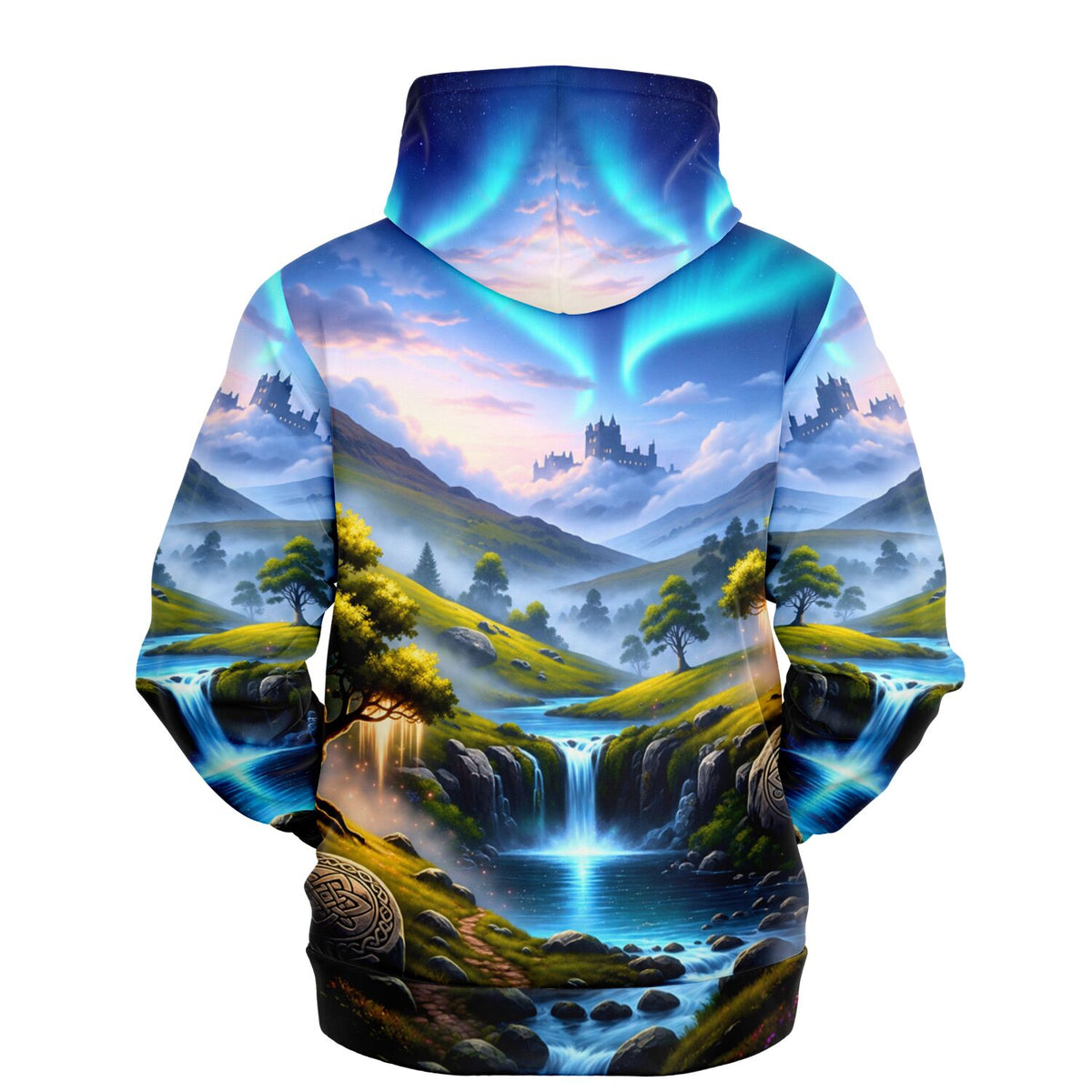 Dreamer Hoodie mit magischer Landschaft, Wasserfall und Nordlichtern im Stil eines Diamond Painting Motivs