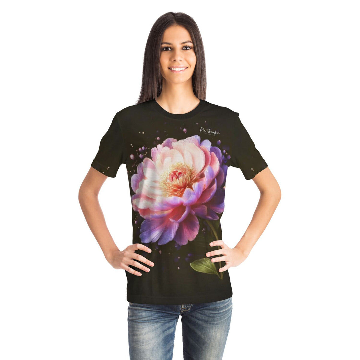 Schwarzes Dreamer T-Shirt mit Pfingstrosen-Motiv, inspiriert von Diamond Painting und Malen nach Zahlen Designs