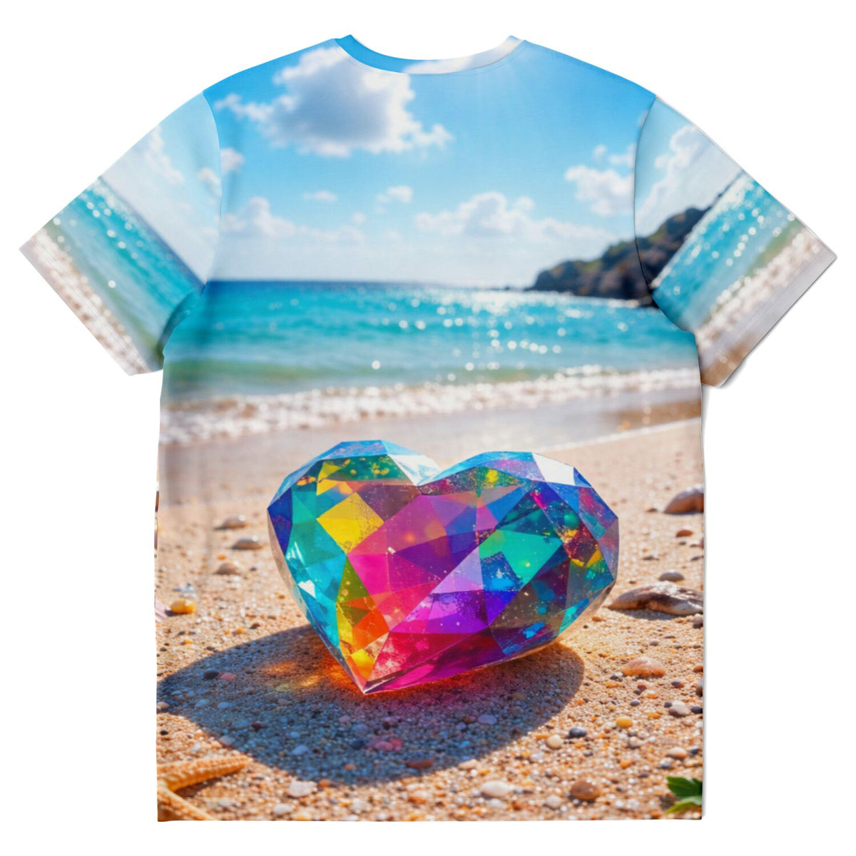 T-Shirt mit buntem glitzerndem Kristall-Herz am Strand im Stile von Diamond Painting Motiven