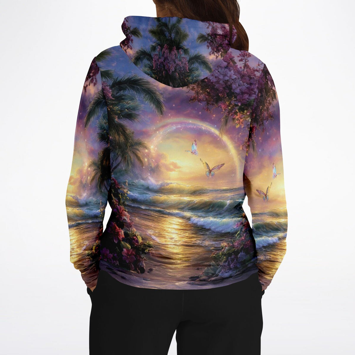 Dreamer Hoodie mit farbenfrohem Motiv von Palmen, Meer bei Sonnenuntergang, Regenbogen und Schmetterlingen