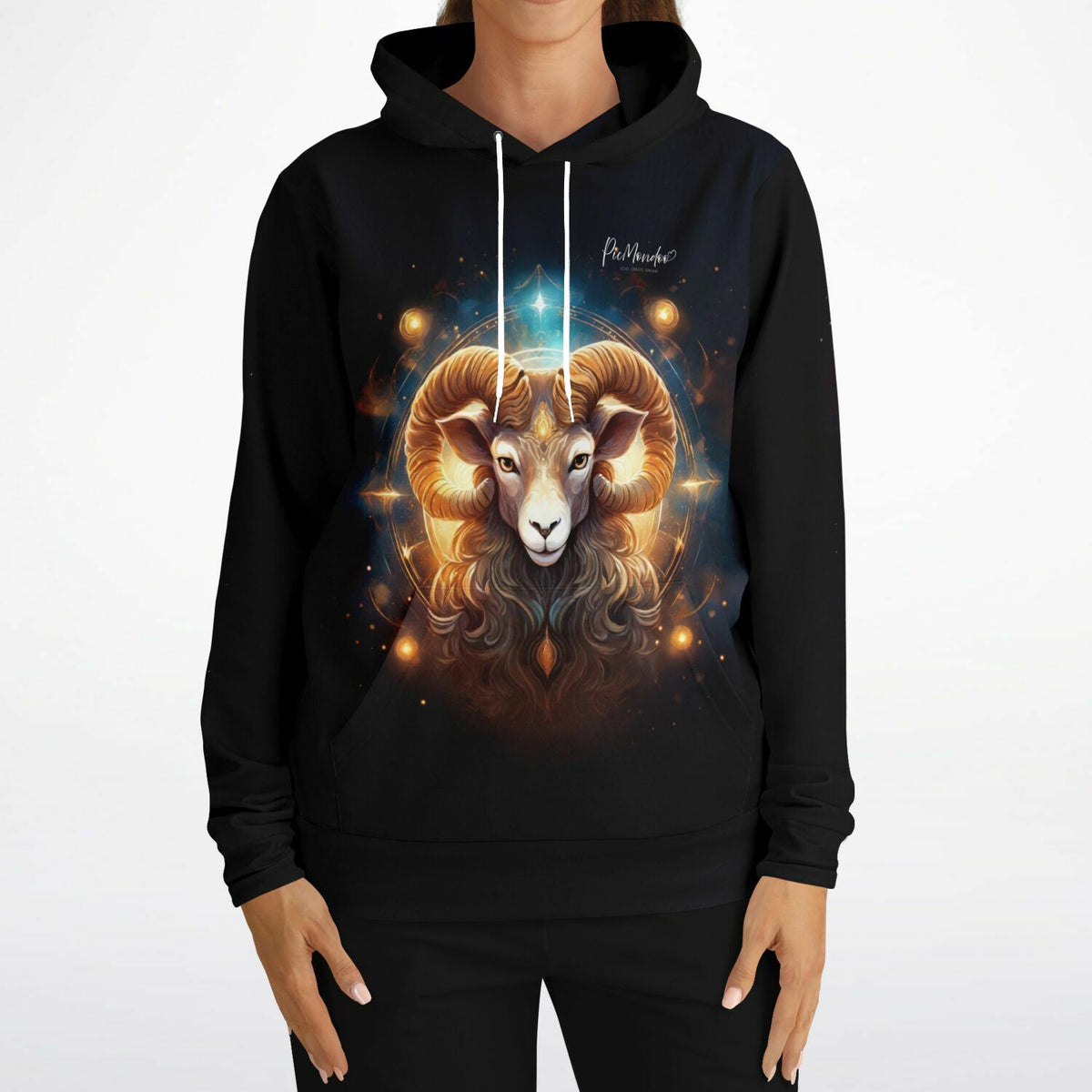 Schwarzer Picmondoo Dreamer Hoodie mit Sternzeichen Widder Design und mystischer Ästhetik für Kreative.