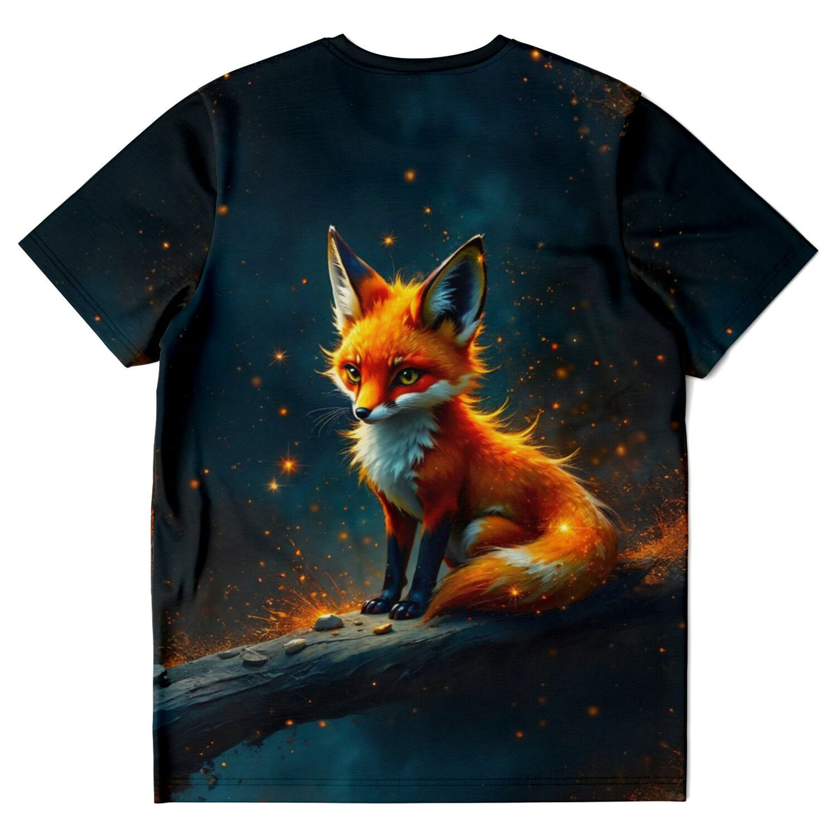 Schwarzes T-Shirt mit leuchtendem Fuchs-Motiv im Stil von Diamond Painting und Malen nach Zahlen Kunst