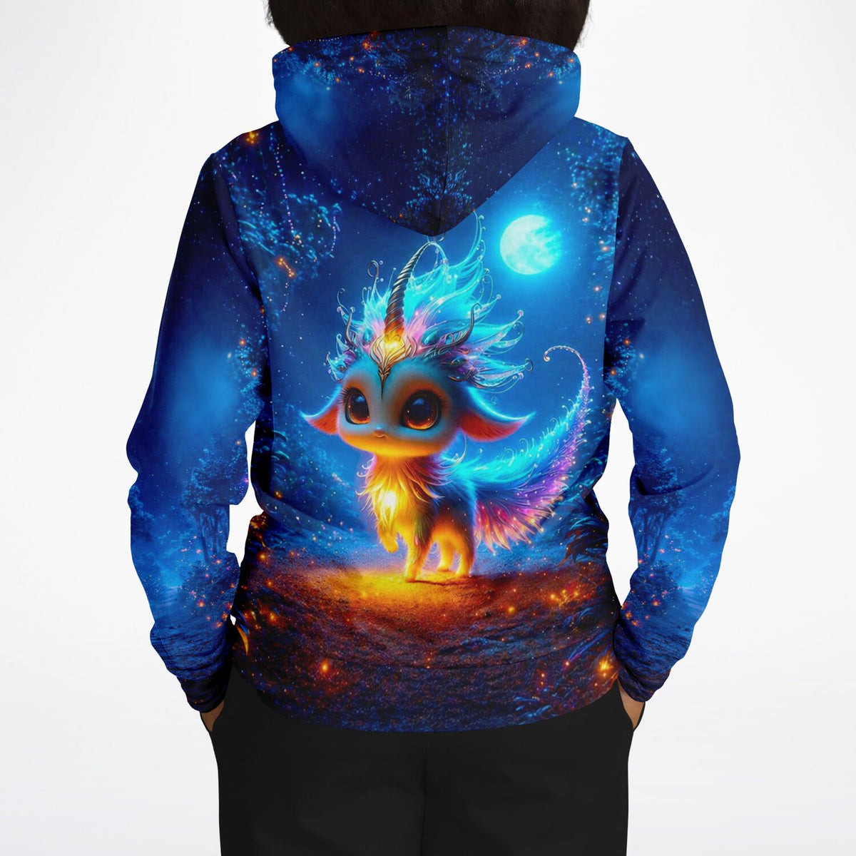 Dreamer Hoodie Mondscheintanz mit magischem Fabelwesen im Stil von Diamond Painting Motiven in leuchtendem Blau