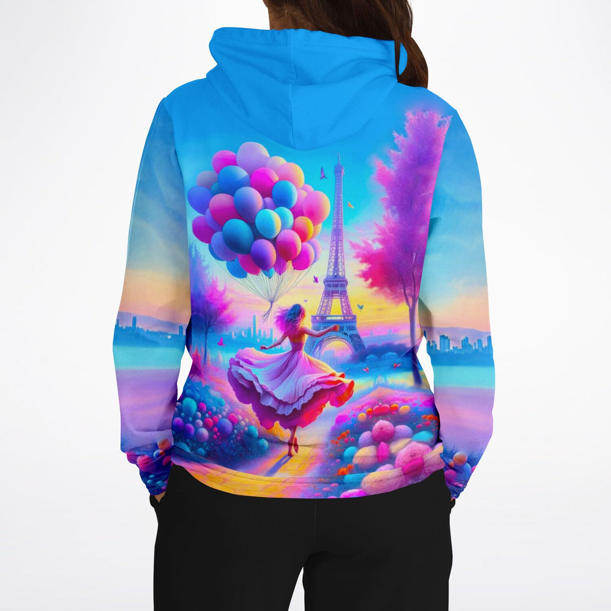 Dreamer Hoodie mit farbenfrohem Paris-Motiv, Eiffelturm-Print, tanzender Frau und Luftballons im Diamond Painting Stil