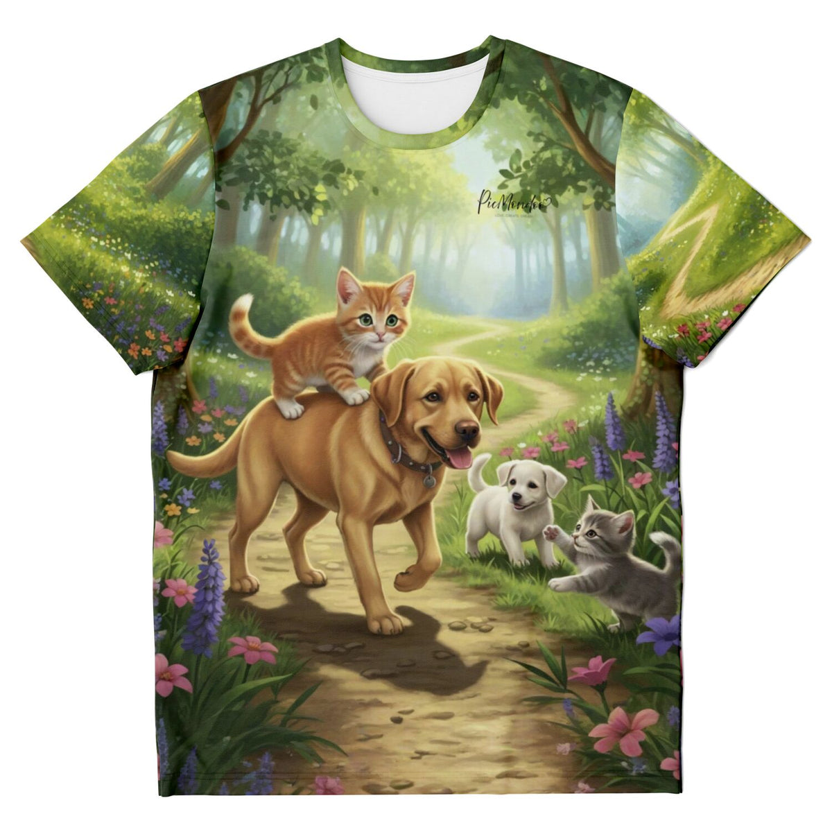 Dreamer T-Shirt mit Waldspaziergang Motiv, spielende Hunde und Katzen im Stil beliebter Malen nach Zahlen Designs