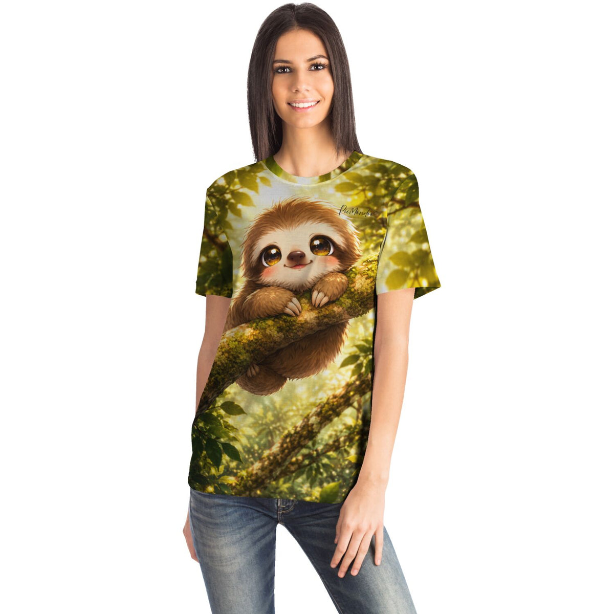 Frau trägt T-Shirt mit süßem Faultier-Motiv im Dschungel-Design, ideal für Fans von Diamond Painting und DIY-Kunst.