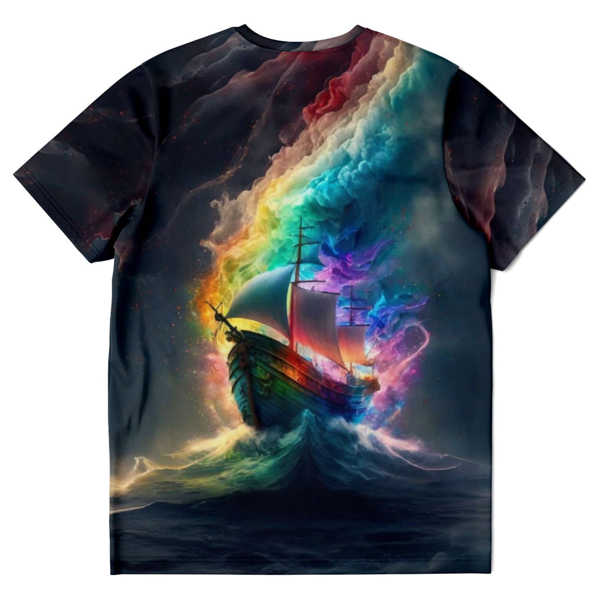 T-Shirt mit buntem Schiff im Regenbogen-Meer, in der Stilistik unserer Diamond Painting und Malen nach Zahlen Motive