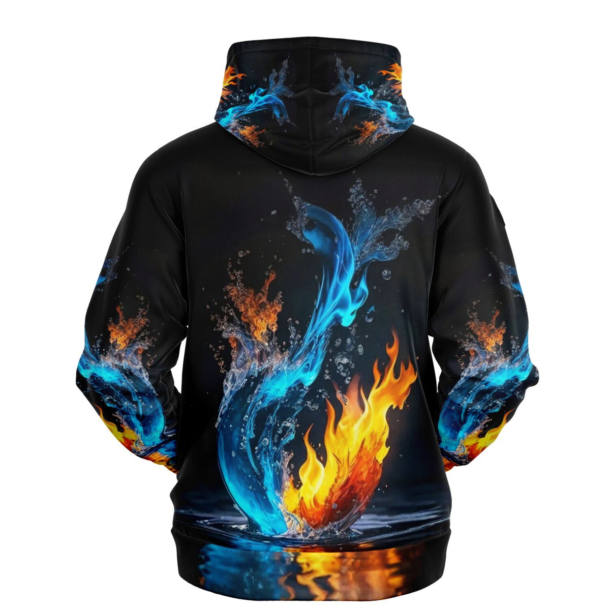 Schwarzer Dreamer Hoodie mit Feuer und Wasser Design, stylischer AOP Print für Fans von kreativer Fashion
