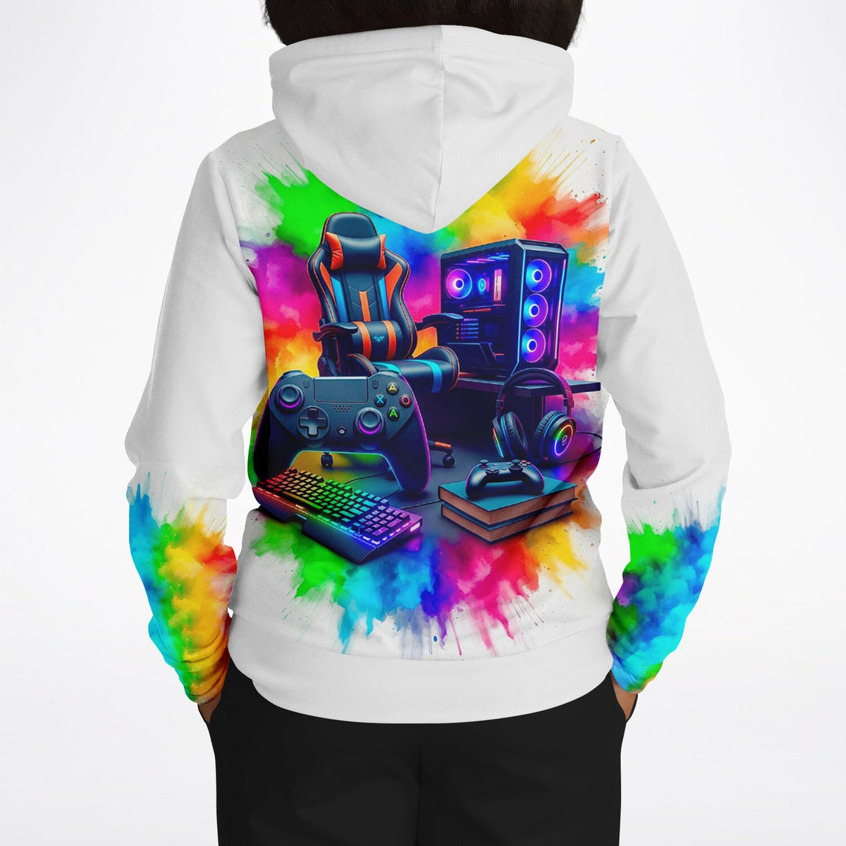 Weißer Hoodie mit Gaming Zone Motiv, Gaming-Setup als AOP-Druck in bunten Farben für echte Gamer.