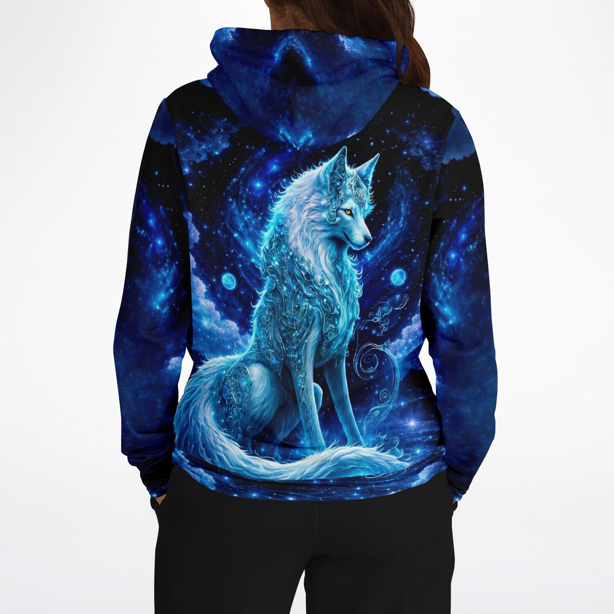 Hoodie mit leuchtendem Diamond Painting Motiv: Verzauberter Wolf im blau-magischen Weltraum-Design für DIY-Fans