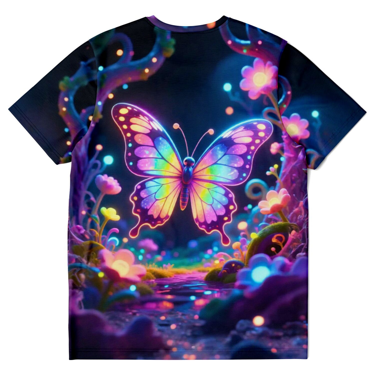 T-Shirt mit leuchtendem Schmetterling-Motiv, inspiriert durch farbenfrohe Kunst wie Diamond Painting und Malen nach Zahlen