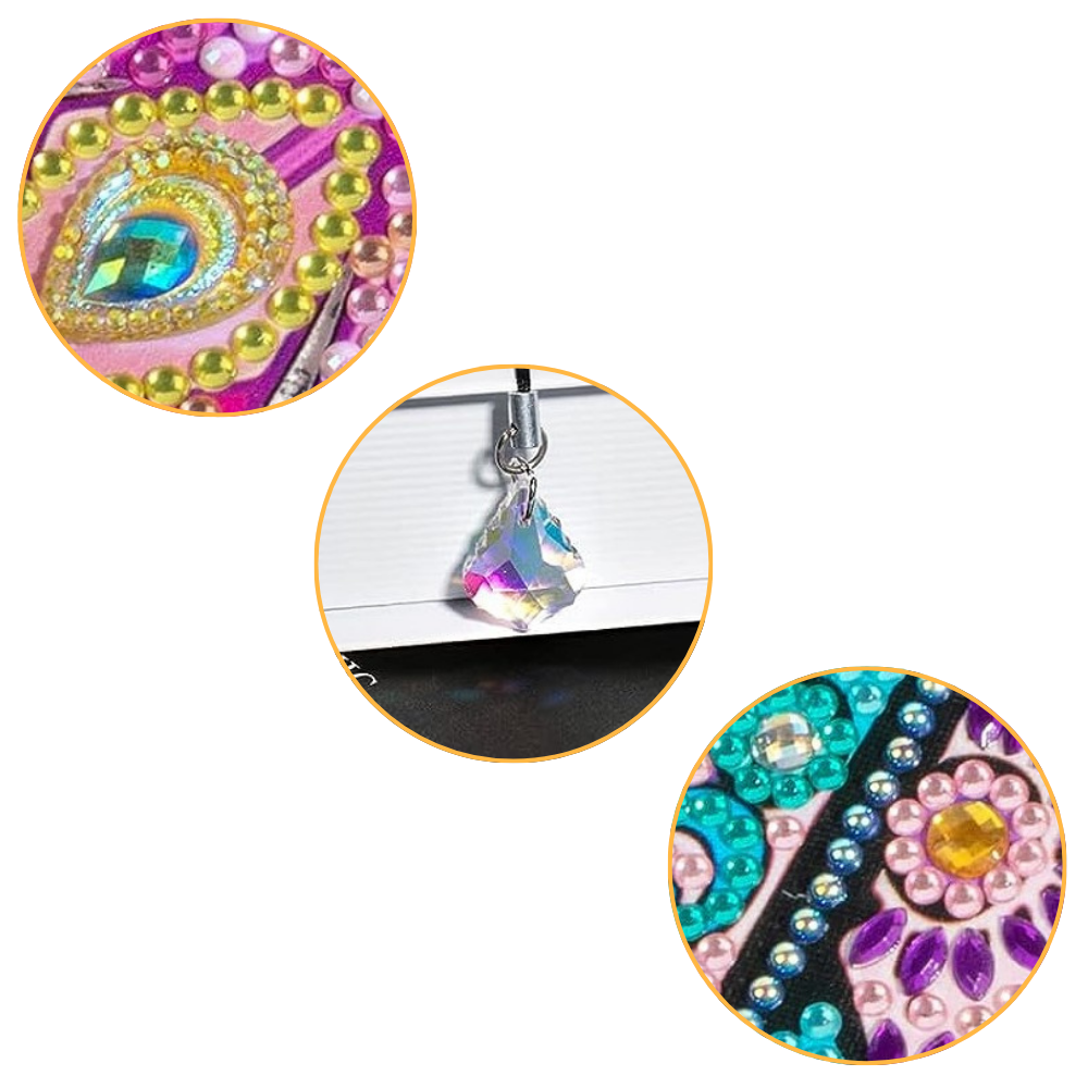 Diamond Painting Lesezeichen 2er Set Bunte Federn mit glitzernden Schmucksteinen und funkelndem Kristall-Anhänger