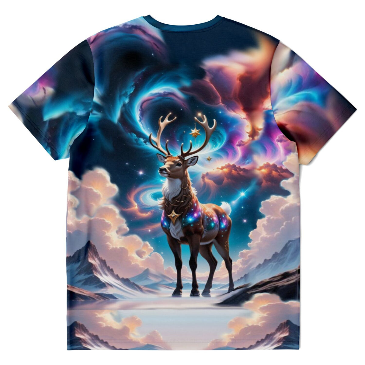 T-Shirt mit Rentier-Motiv im Abendzauber vor buntem Sternenhimmel, ideal als Fan-Design für Diamond Painting Fans.