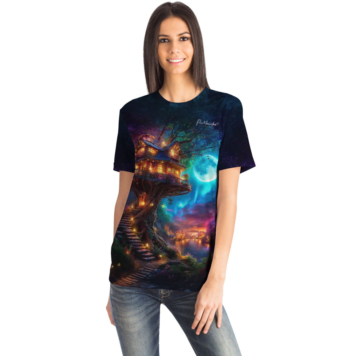 Frau trägt Dreamer T-Shirt mit Sternhafen der Wanderer Motiv, inspiriert von Diamond Painting und Malen nach Zahlen Kunst