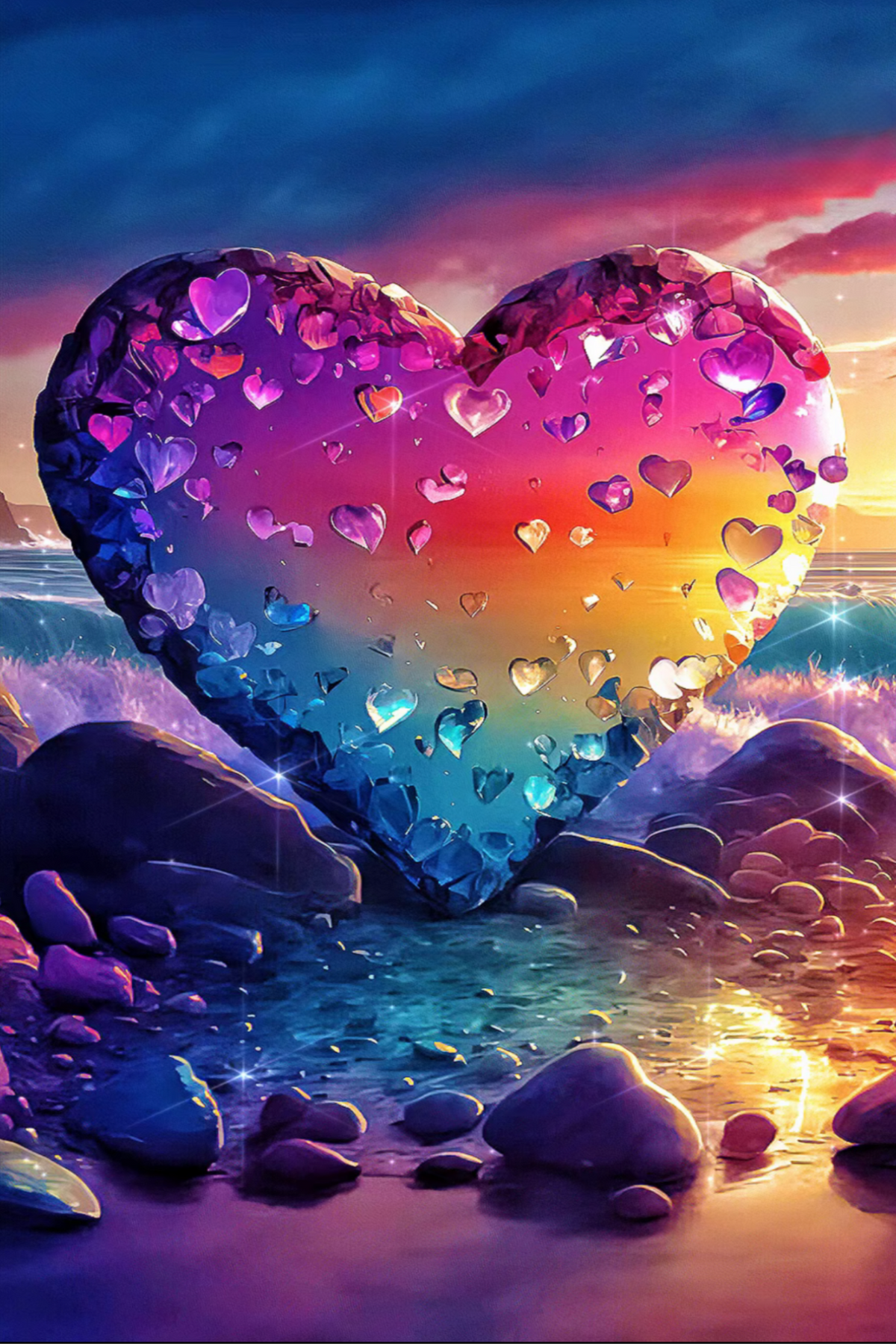 Diamond Painting Set Heart of Glitter mit buntem Herz über dem Meer, 100 Farben und glänzenden Steinen