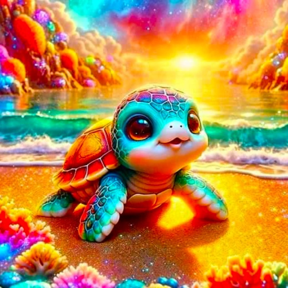 Buntes Diamond Painting Set Baby Schildkröte am glitzernden Strand mit 100 Farben und funkelnden Strasssteinen