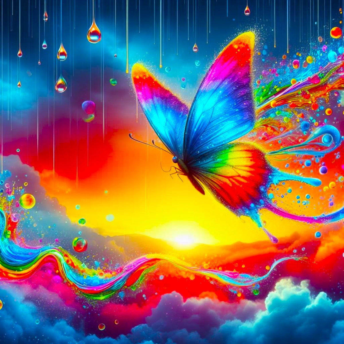 Diamond Painting Set Schmetterling im bunten Regenbogenfluss mit leuchtenden Regentropfen und Wolken bei Sonnenuntergang