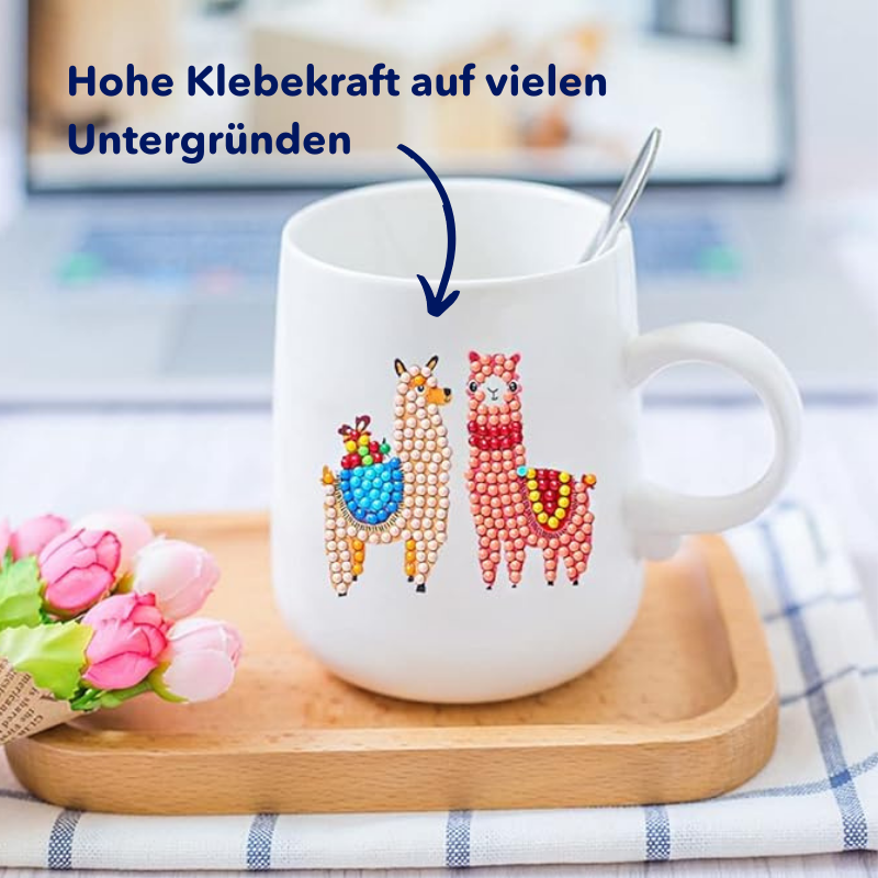 Diamond Painting Sticker Set als niedliche Lamas auf weißer Tasse mit hochwertigem Kleber für DIY-Deko
