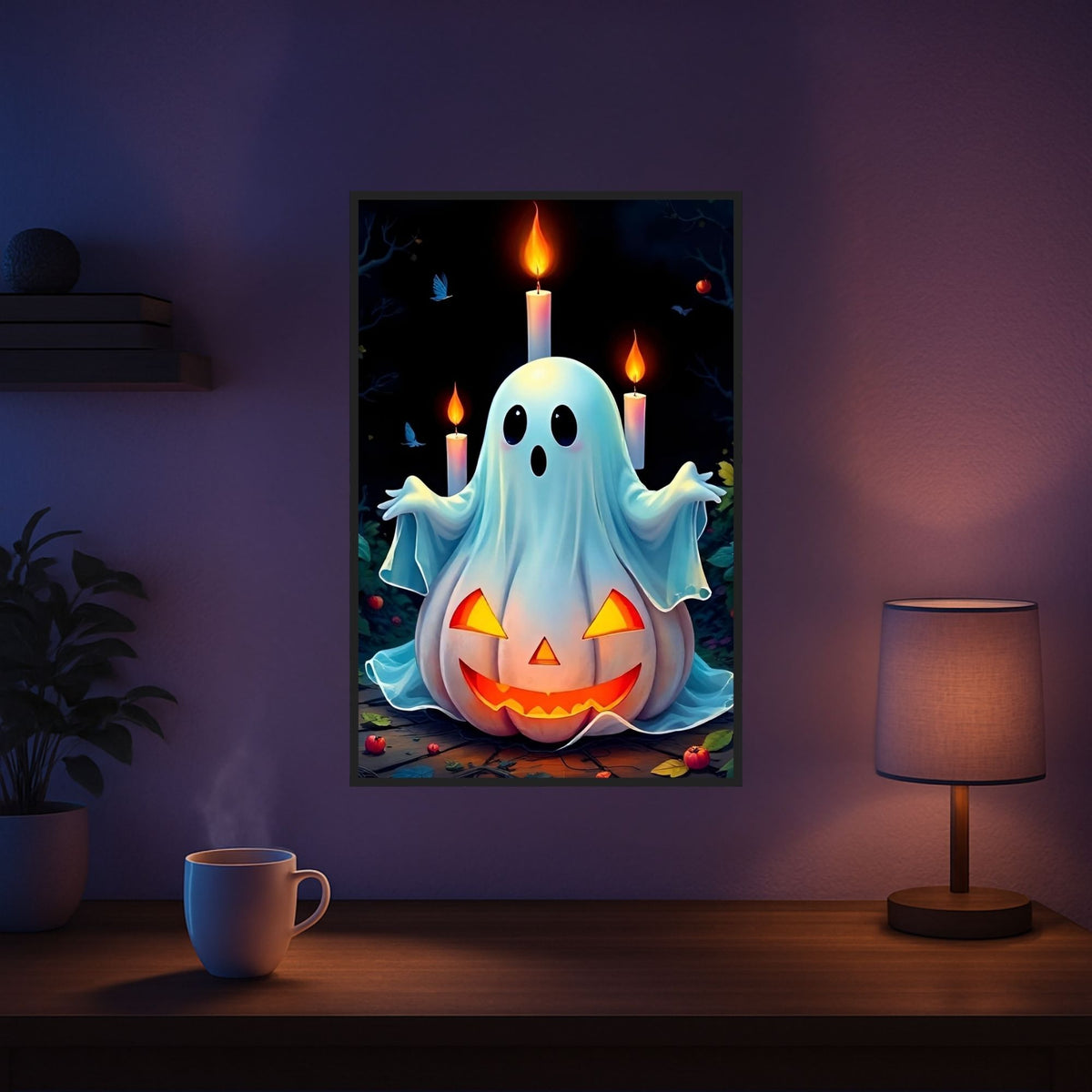 Diamond Painting Set Boohoo mit süßem Geist und Kürbis im Kerzenschein als Halloween-Motiv