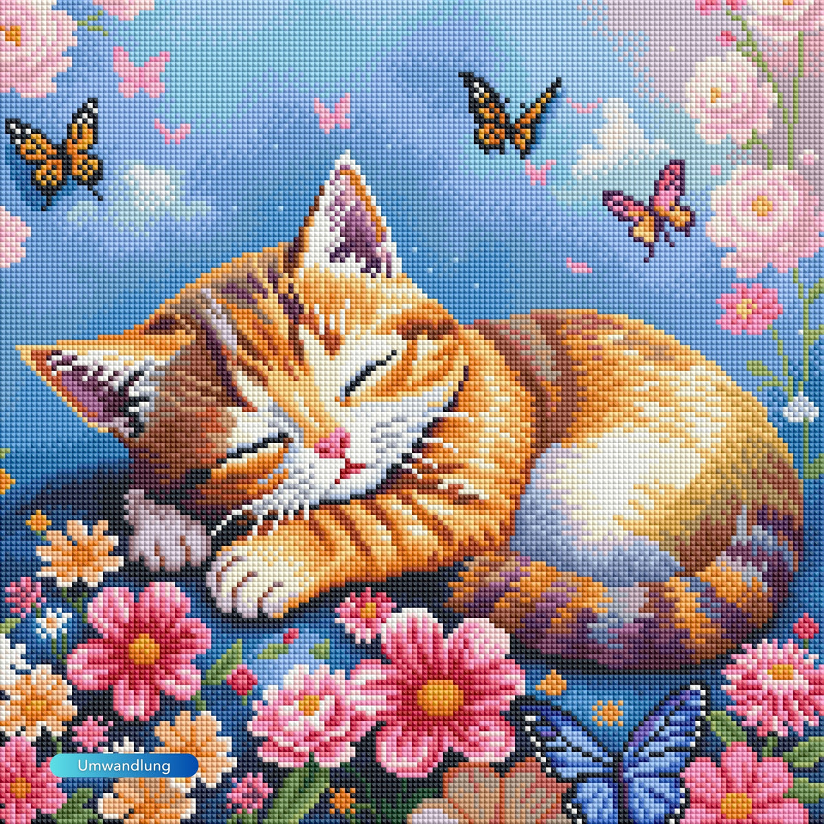 Diamond Painting Set mit einer schlafenden Katze auf einer bunten Blumenwiese mit Schmetterlingen und blauem Himmel