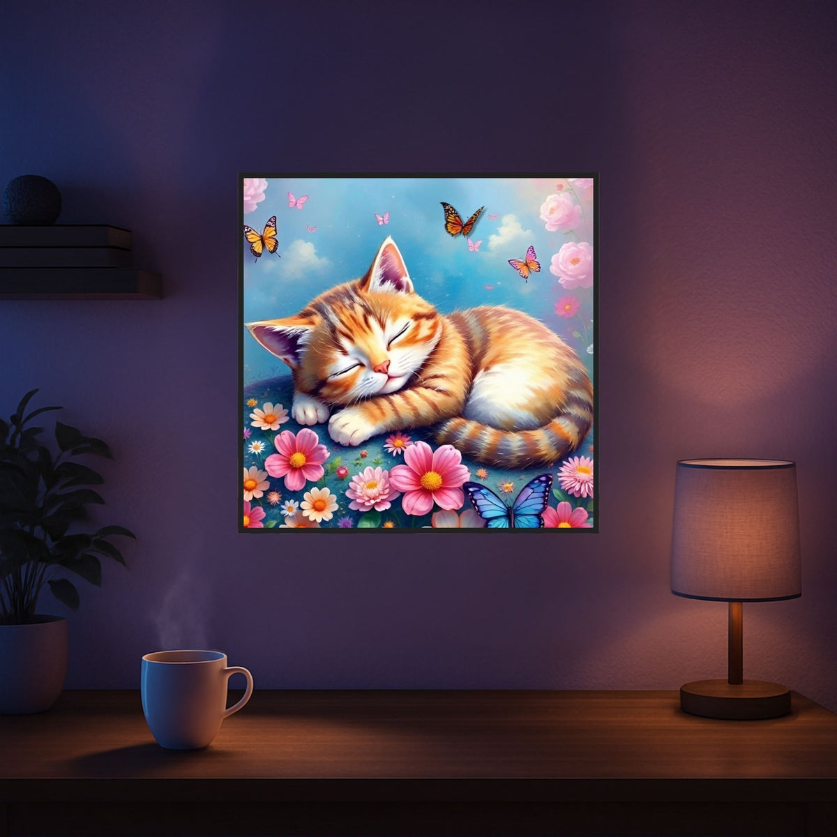 Diamond Painting Set mit schlafender Katze, bunten Blumen und Schmetterlingen in traumhafter Landschaft