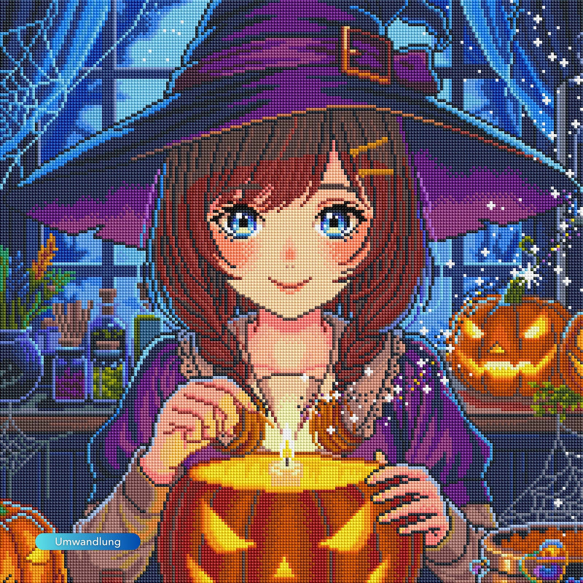 Diamond Painting Set Little Sabrina: Buntes Anime-Halloween-Motiv mit Hexe, Kürbis und Kerzenschein aus glitzernden Steinen.