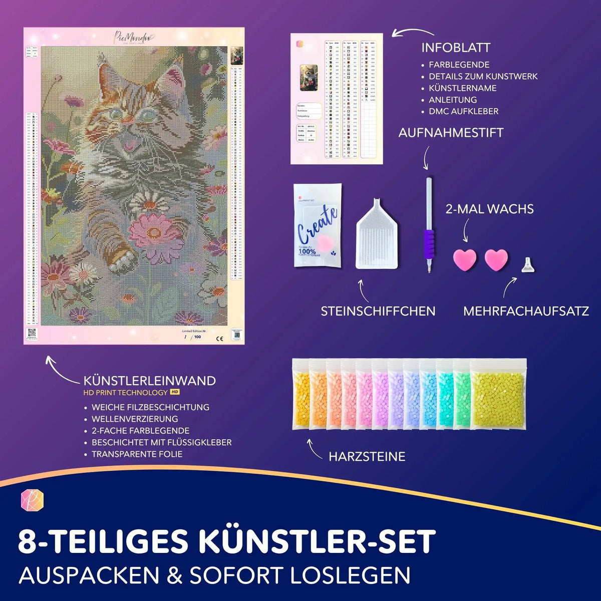 Diamond Painting Set Lucy: Leinwand mit Katze und rosa Blumen, inklusive Glitzersteine, Spezialwerkzeug und Zubehör.