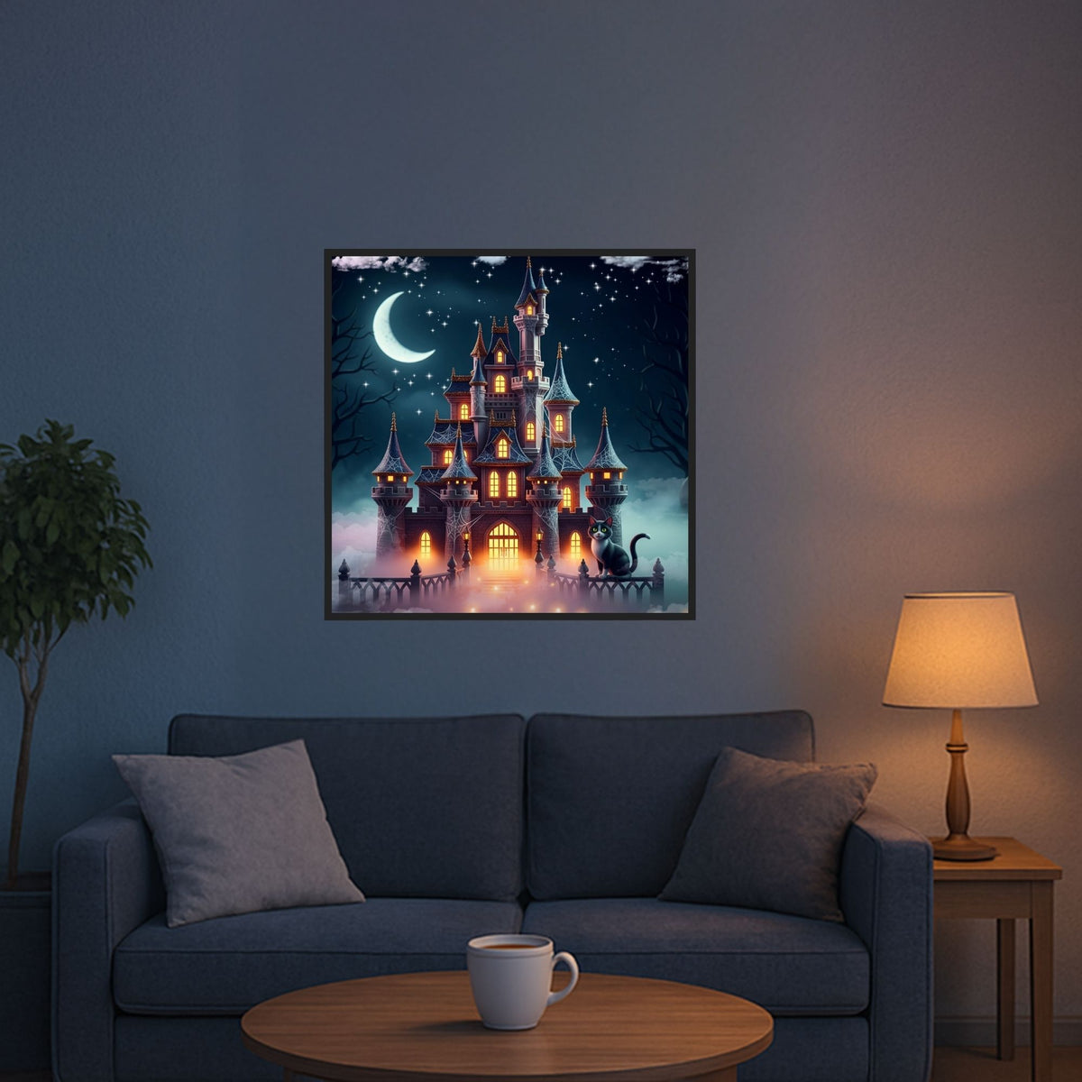Diamond Painting Nachtschloss mit magischem Fantasy-Schloss, Katze und Mondschein für entspannendes Basteln
