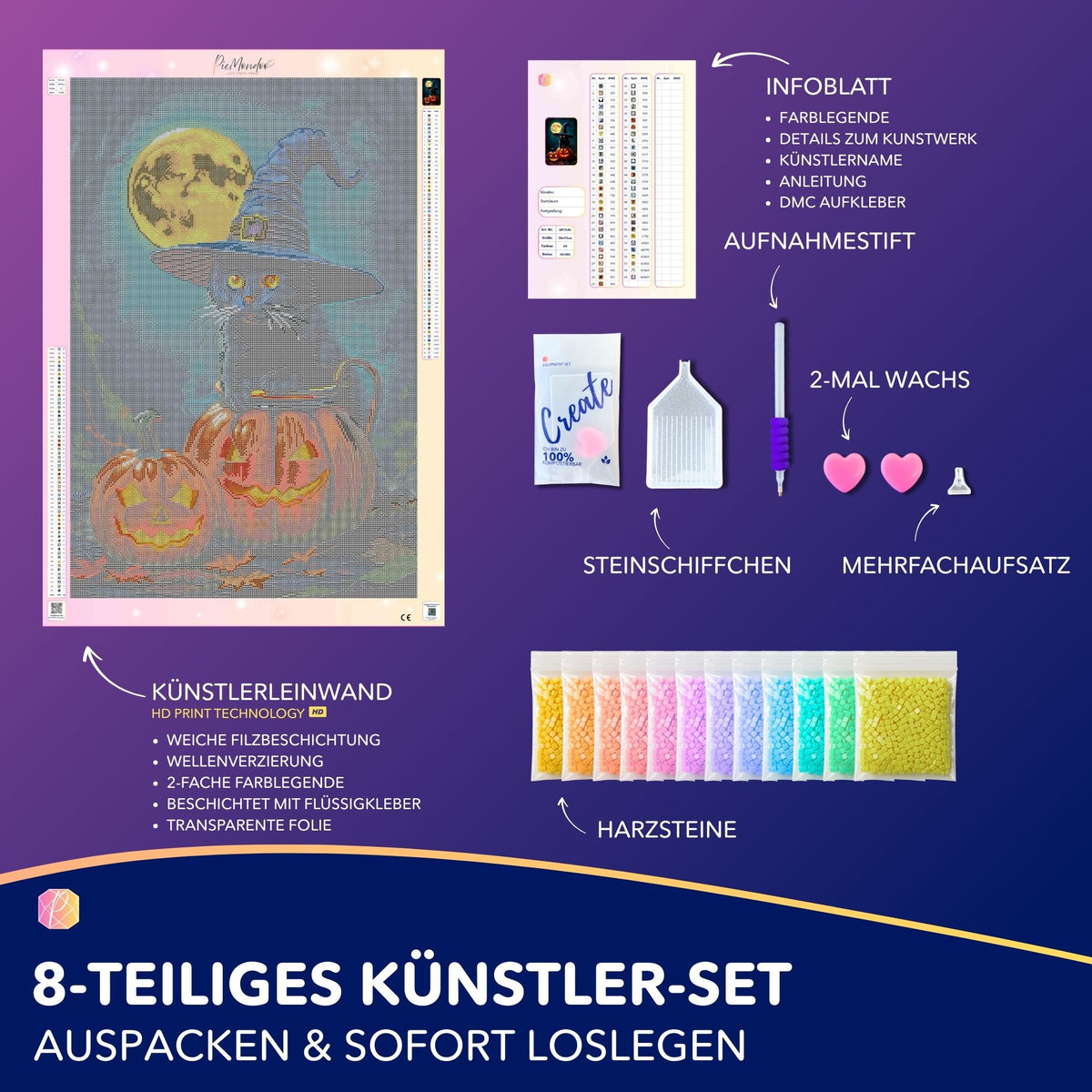 Diamond Painting Set Wizard Cat mit Leinwand, Halloween-Motiv, Glitzersteinen und komplettem Zubehör für Erwachsene.