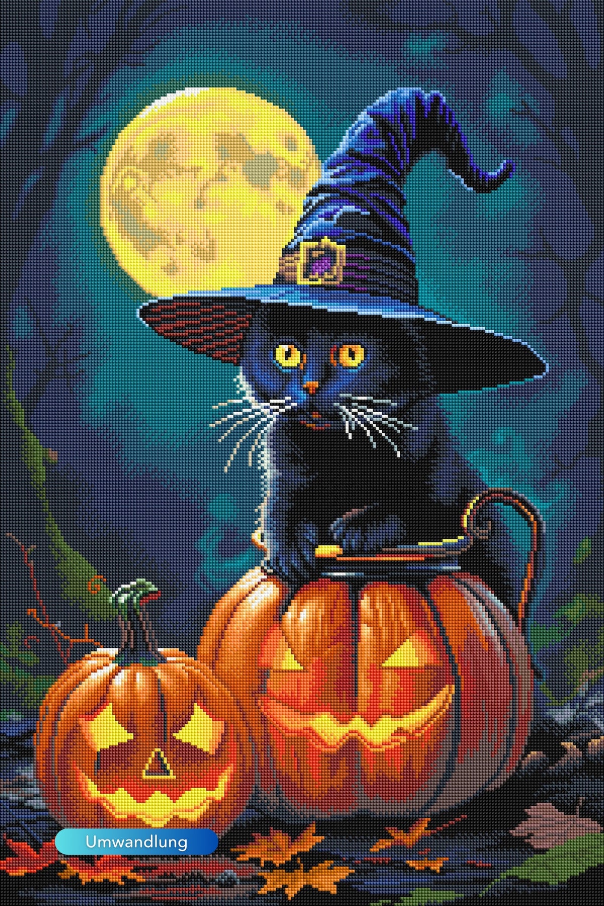 Diamond Painting Set mit mystischer Katze im Hexenhut auf Kürbissen vor Vollmond – detailreiches Halloween-Motiv