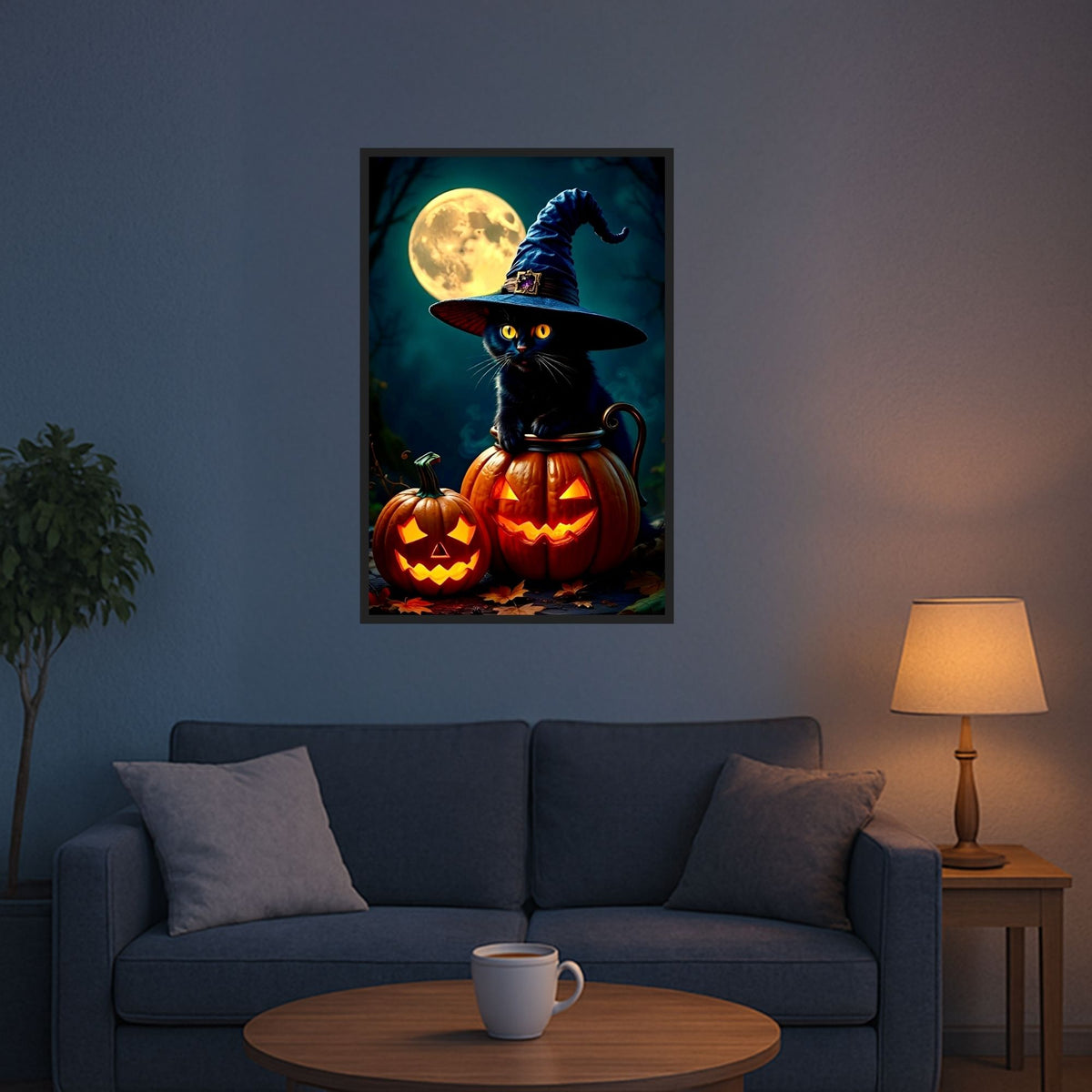 Diamond Painting Set Wizard Cat mit mystischer Katze im Hexenhut auf Kürbissen bei Vollmond passend für Halloween