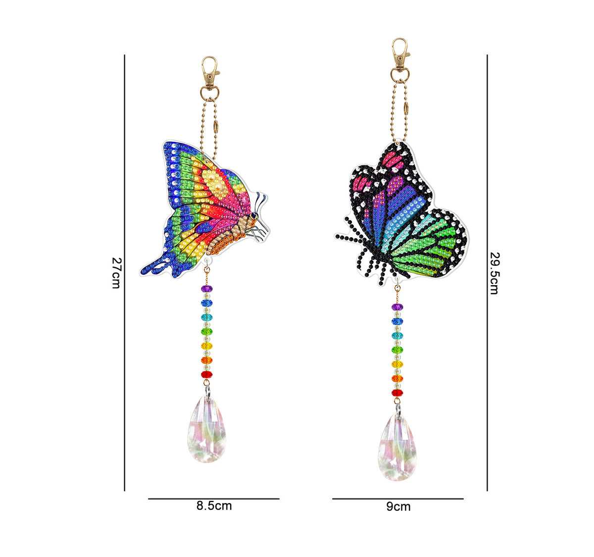Zwei bunte Schmetterling Diamond Painting Anhänger mit Glitzersteinen und Kristall-Deko zum Aufhängen