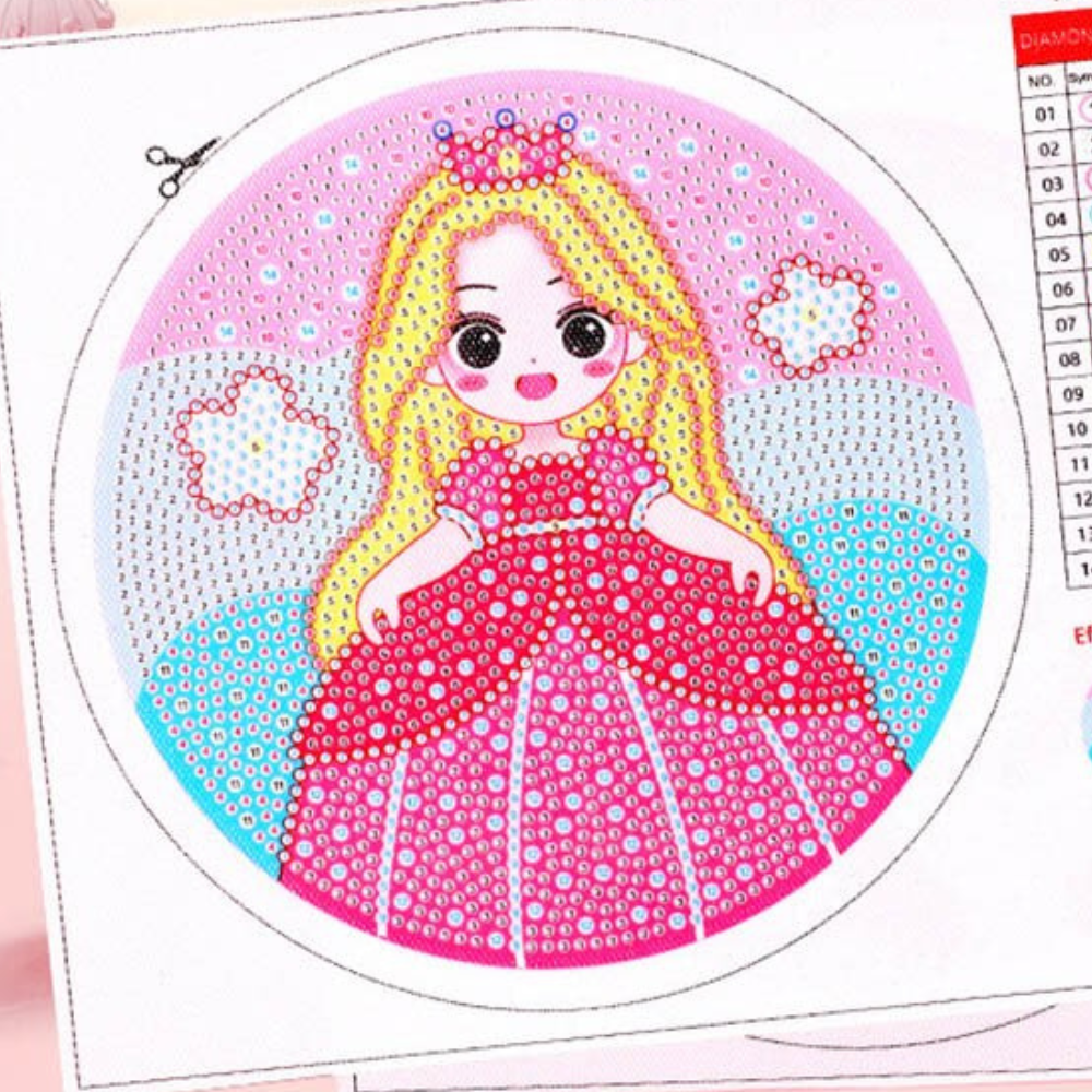 Rundes Diamond Painting für Kinder mit Prinzessin Motiv, rosa Kleid und Krone in einem DIY Set mit Rahmen