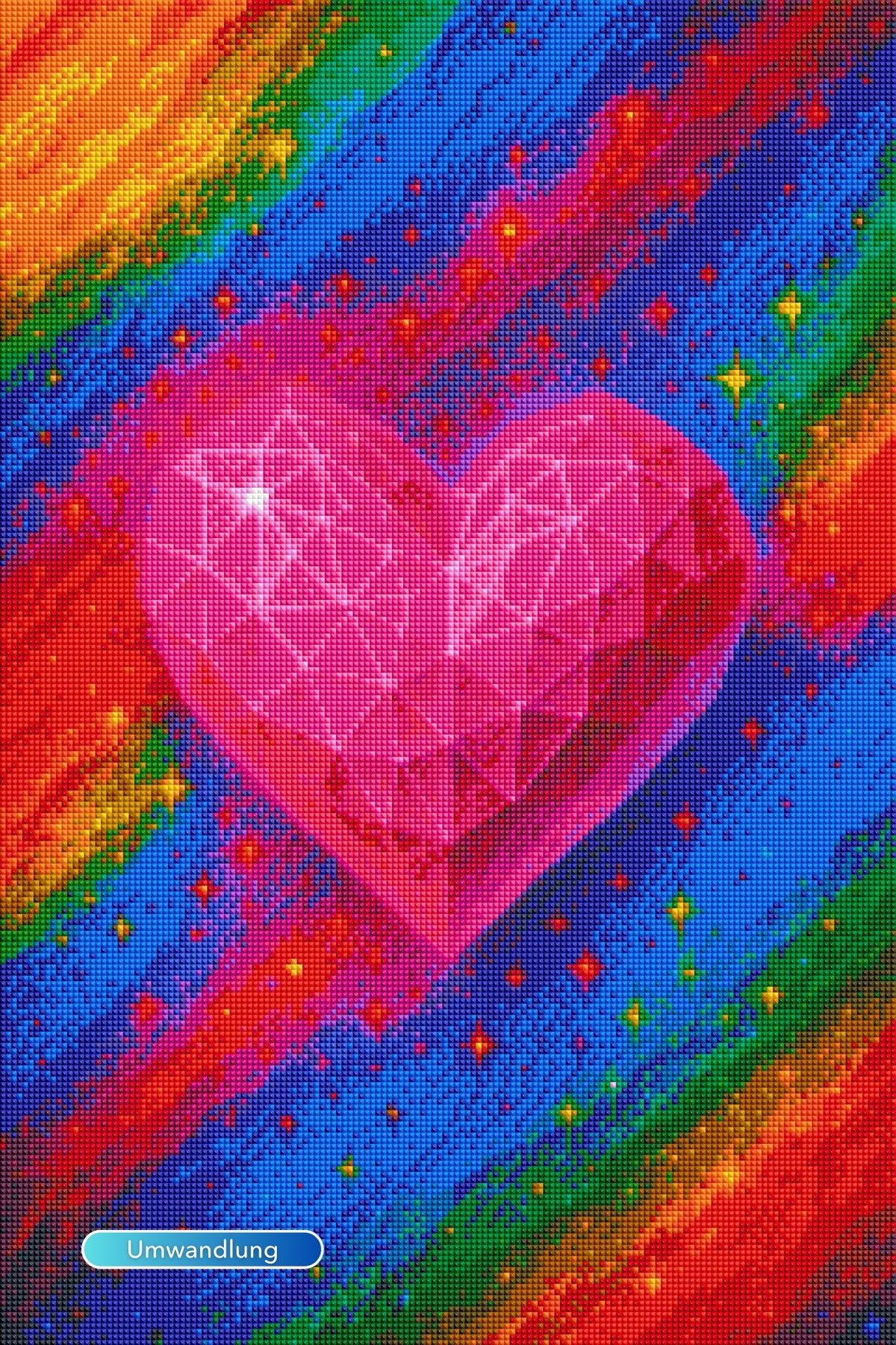 Diamond Painting Set Herzkristall mit pinkem Herz auf buntem Regenbogen-Hintergrund und funkelnden AB-Steinen