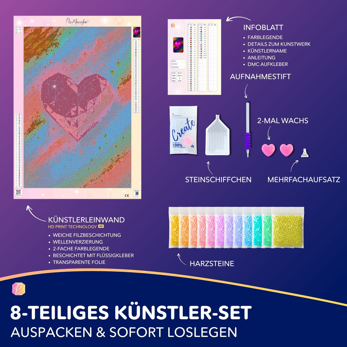 Diamond Painting Set Herzkristall mit pinkem Herz-Motiv, Zubehör und bunten Steinen für kreative Kunstwerke.