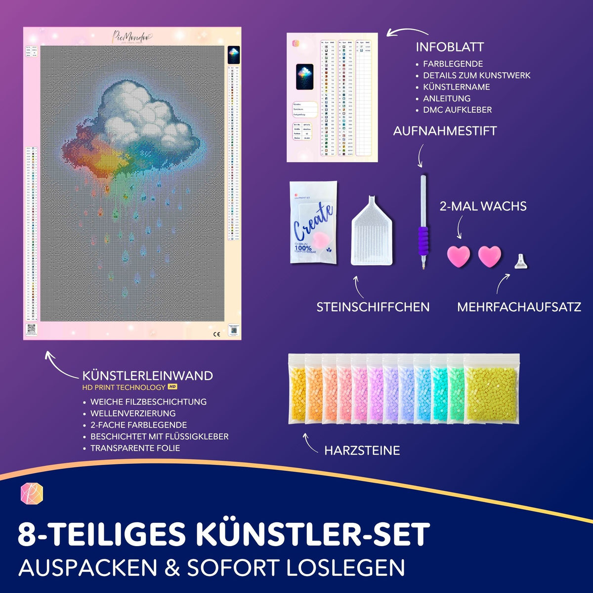 Diamond Painting Set Regenbogenwolke mit Leinwand, bunten Harzsteinen und Zubehör für kreative DIY-Kunstwerke.