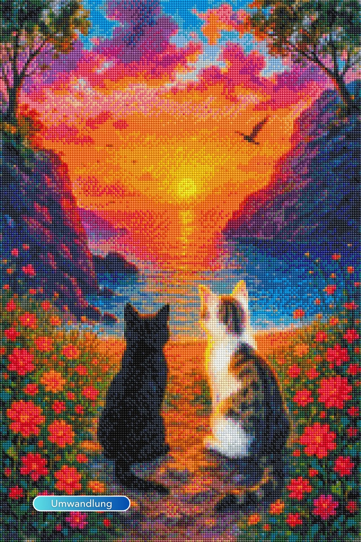 Diamond Painting Katzen-Motiv in einer Blumenwiese vor Sonnenuntergang am Meer, kunstvolles DIY-Set mit Glitzersteinen