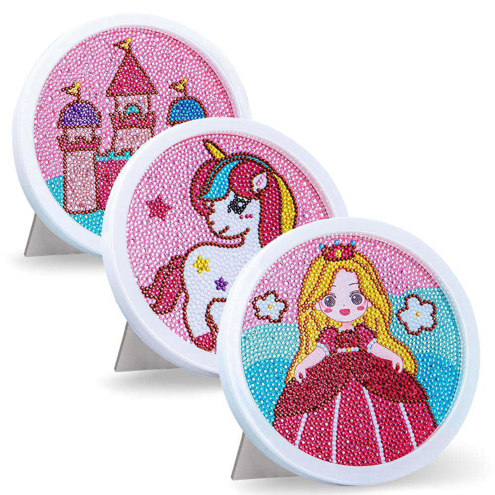 Diamond Painting Set für Kinder mit runden Rahmen: Märchenschloss, Einhorn und Prinzessin in glitzerndem Pink.