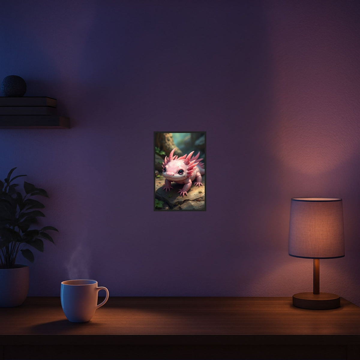 Diamond Painting Set mit süßem rosa Axolotl Motiv im 15x20cm Format als Wanddekoration in einem gemütlichen Raum
