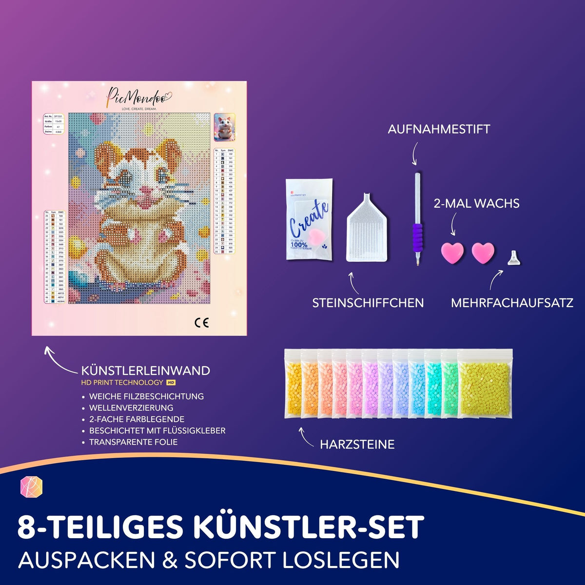 Diamond Painting Set Hamster Bille mit Leinwand, bunten Harzsteinen und Zubehör für DIY Kunstwerke.