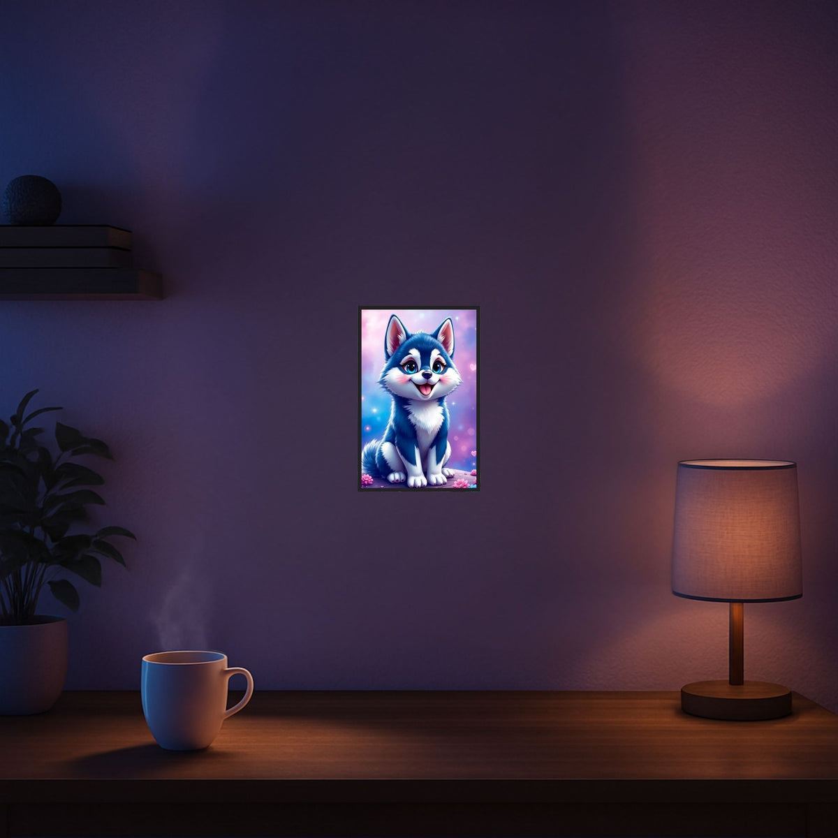 Diamond Painting Set eines niedlichen Husky an einer Wand mit bunter, verträumter Beleuchtung für kreative Bastelstunden.